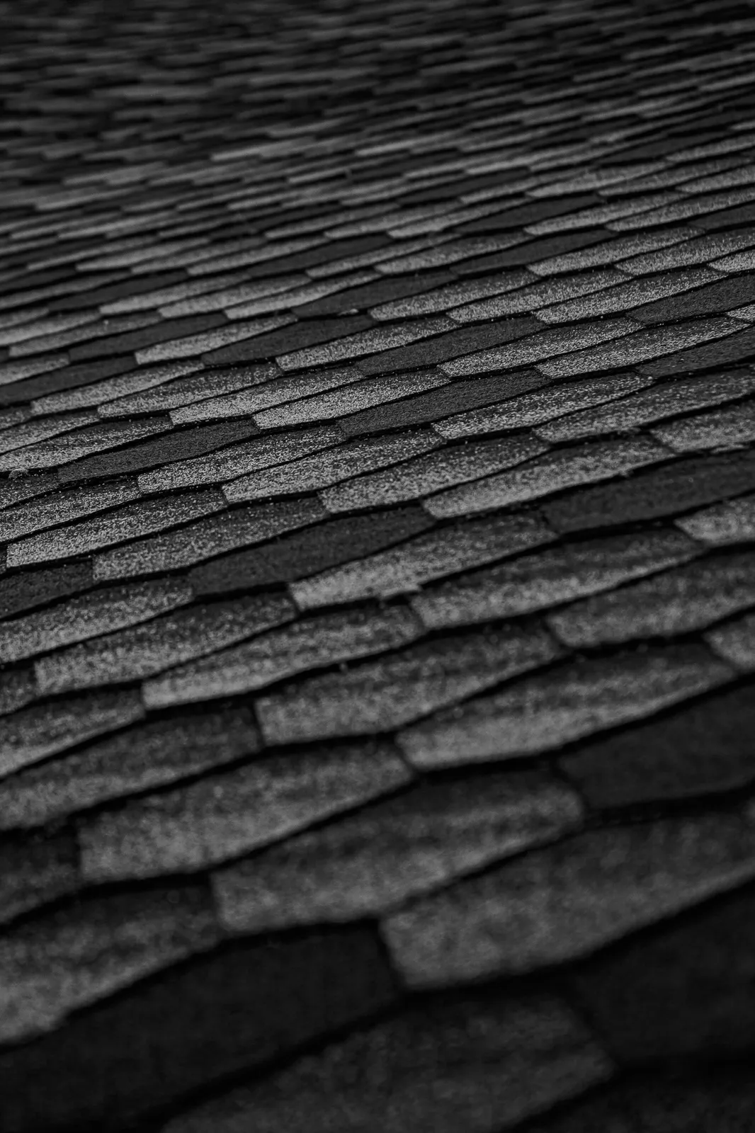 Layered dark asphalt shingle tabs across a slope seen up close