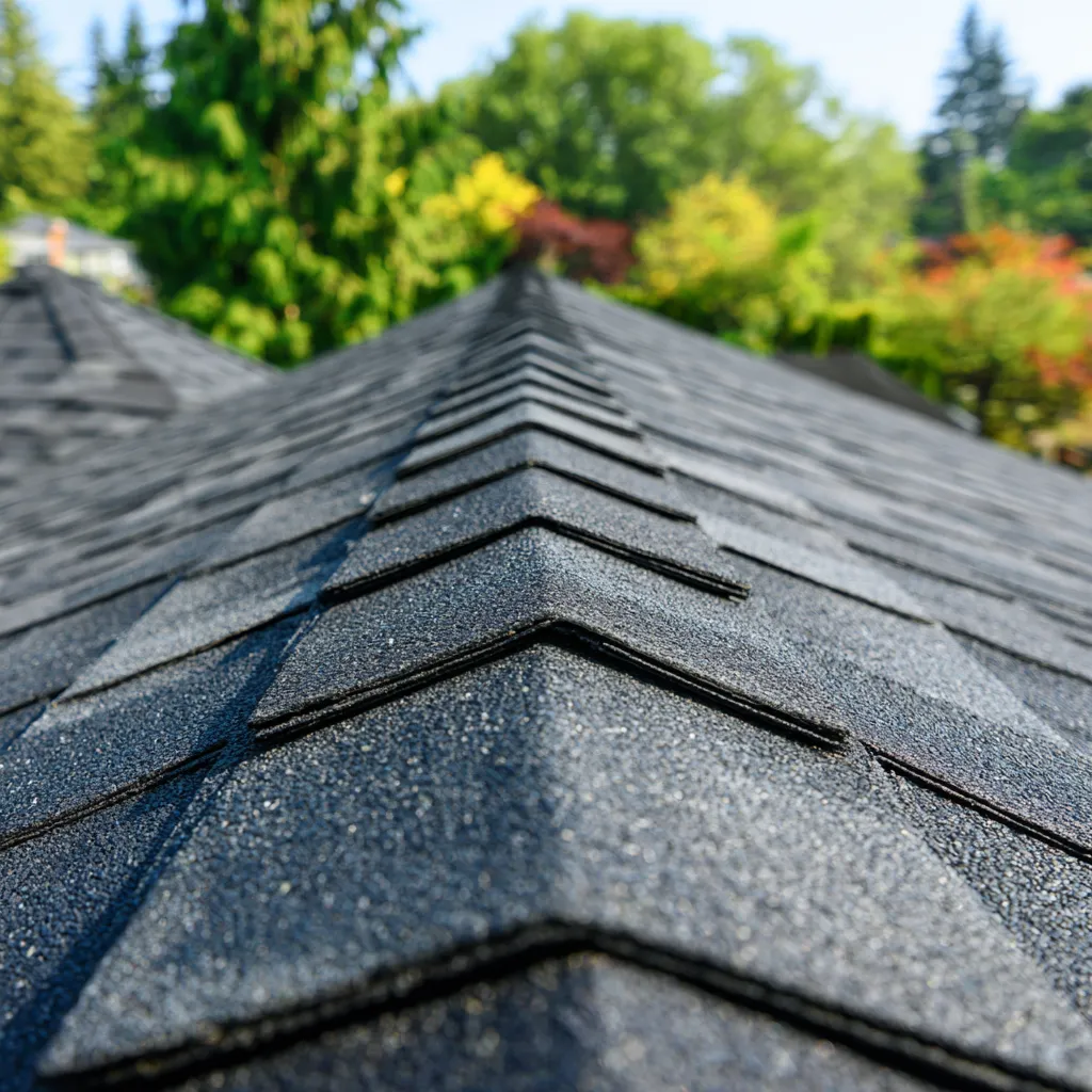 Lush trees near chevron ridge cap shingles on a black roof