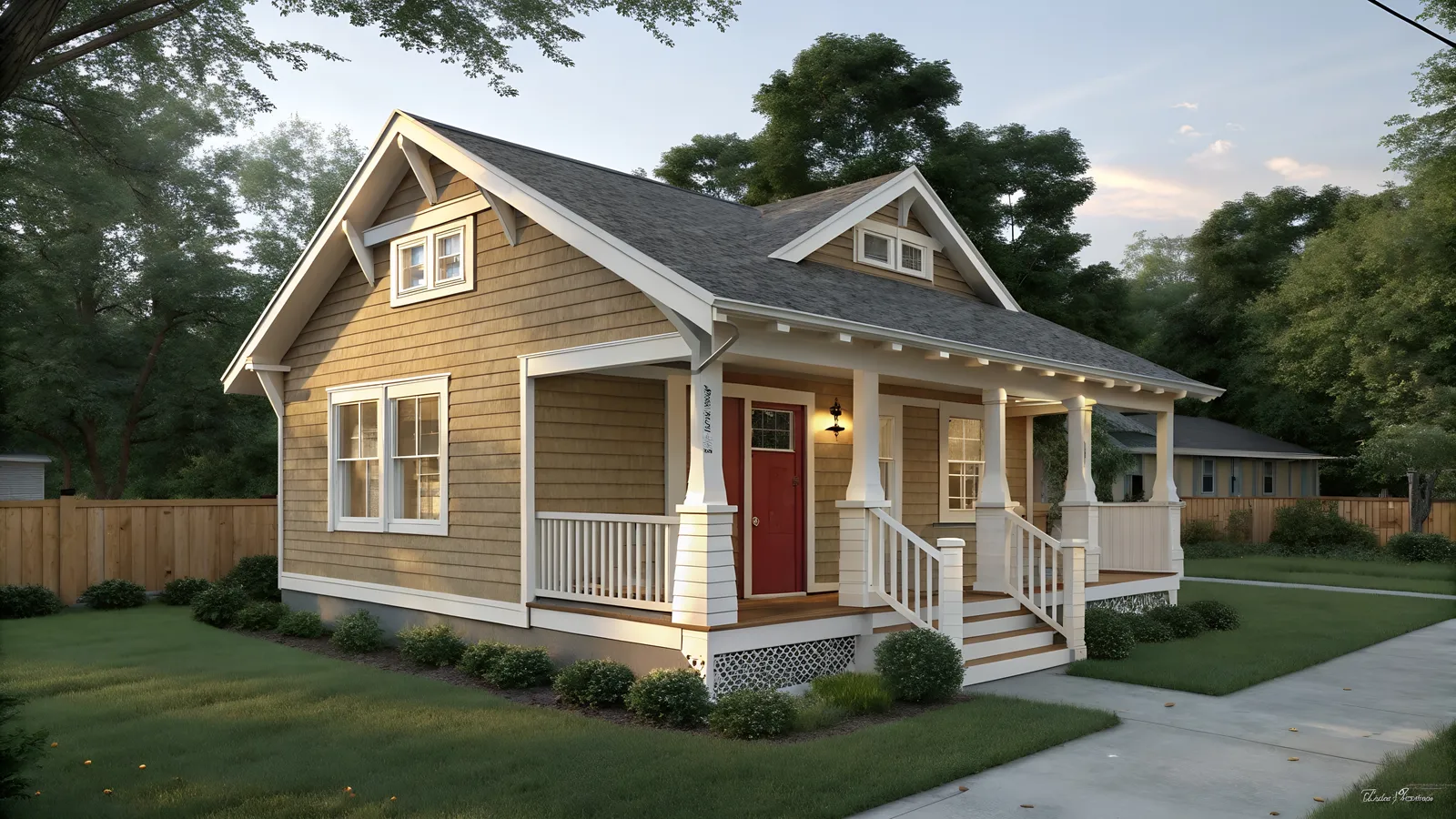 Craftsman bungalow with gray shingle roof and red front door