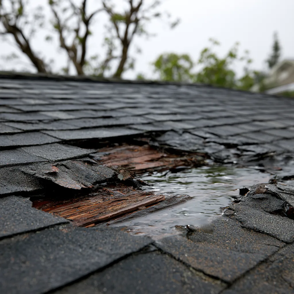 Wet shingle roof showing a rotted hole and pooled water